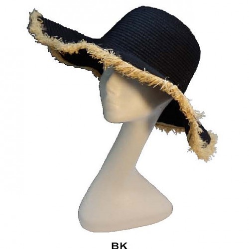 Wide Brim Straw Hat with Braided Straw Trim - Black - HT-6044BK